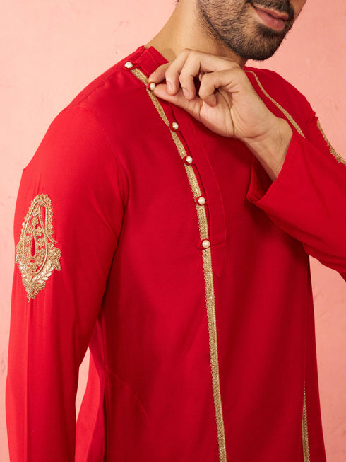 Mens Red Zardozi Kurta Cream Dhoti Set